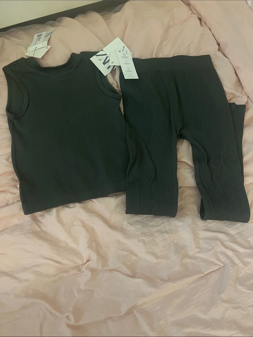Zara Black Ribbed Tank & High-Waist Leggings Set
